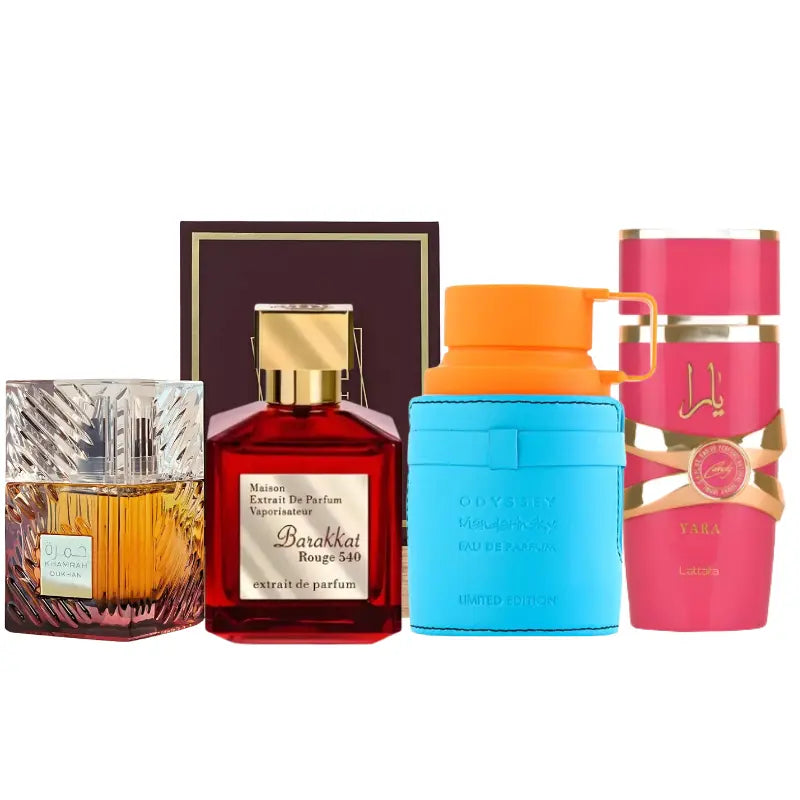 Zestaw 4 perfum | Khamrah Dukhan, Yara Candy, Rouge 540, Mandarina Sky